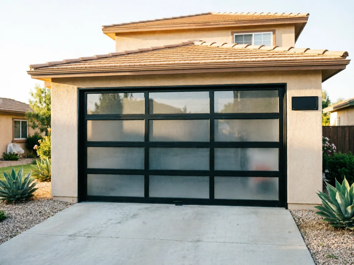 The house has a modern black garage door with frosted glass panels.